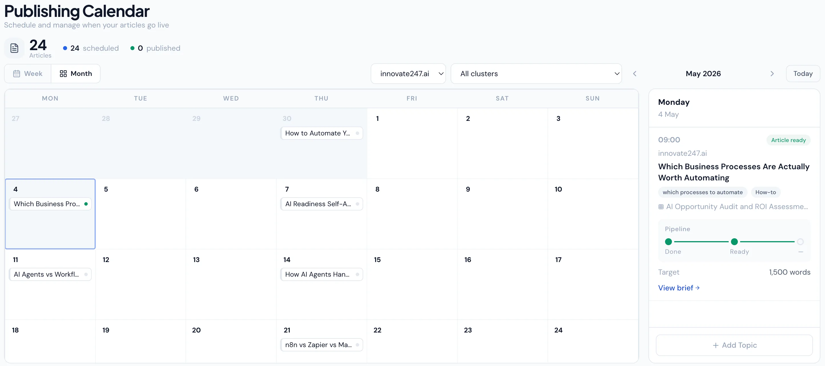 Artikle.ai content calendar with drag-and-drop scheduling and auto-generated article briefs
