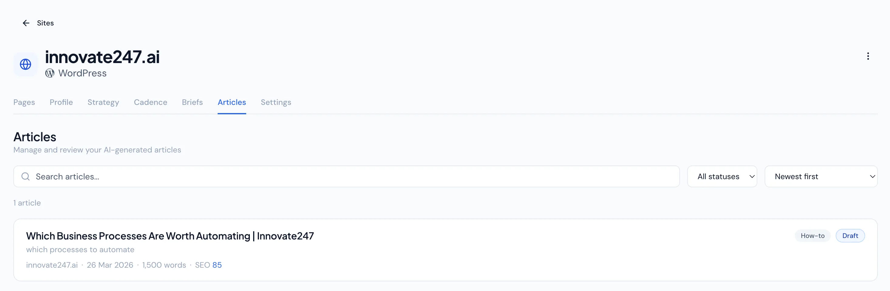 Artikle.ai review queue with brief compliance check, SEO score, and one-click publish