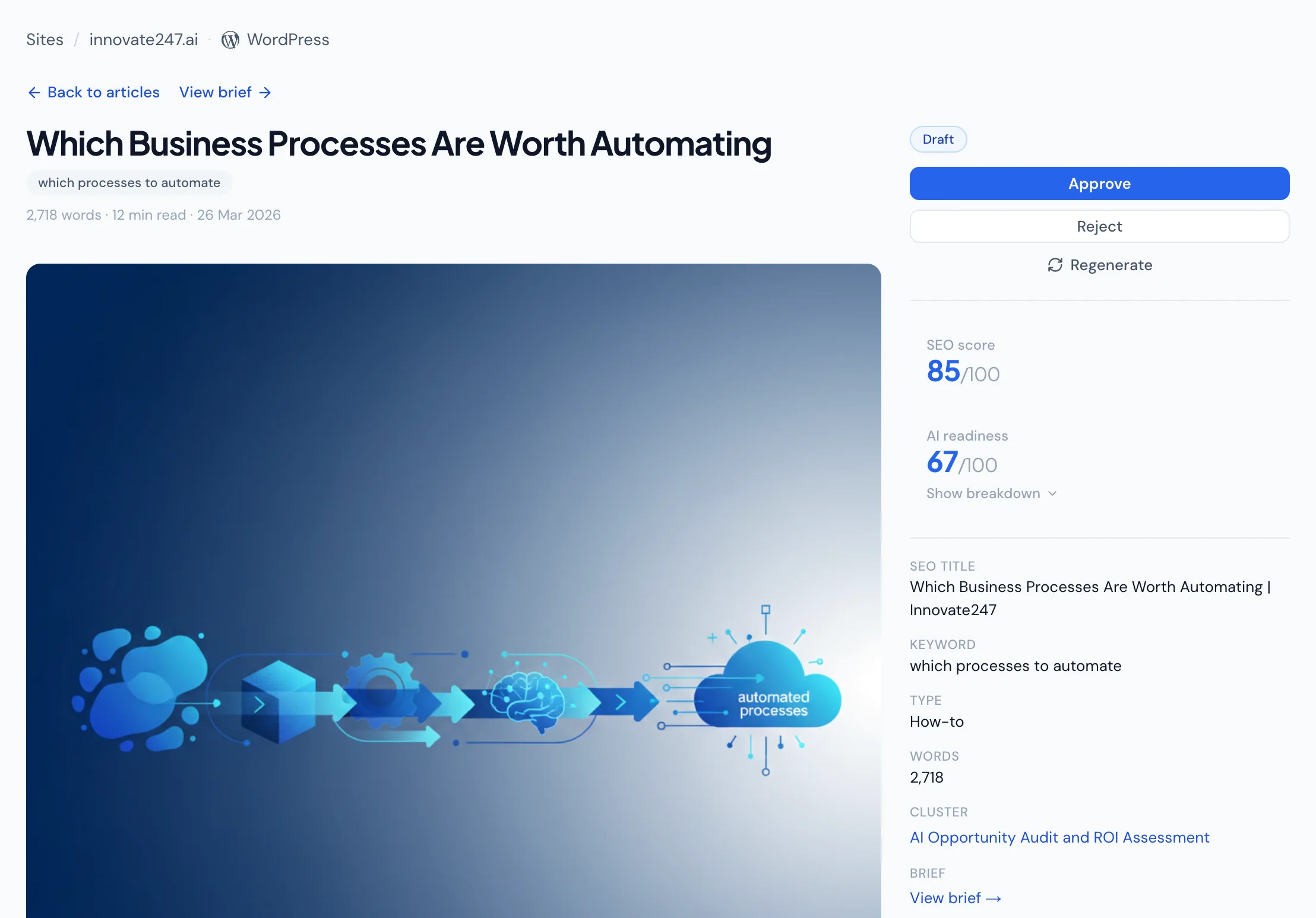 Article editor with SEO scoring and brief compliance