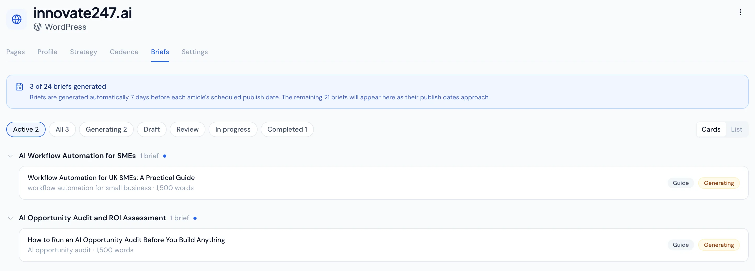 Article briefs with SEO scoring